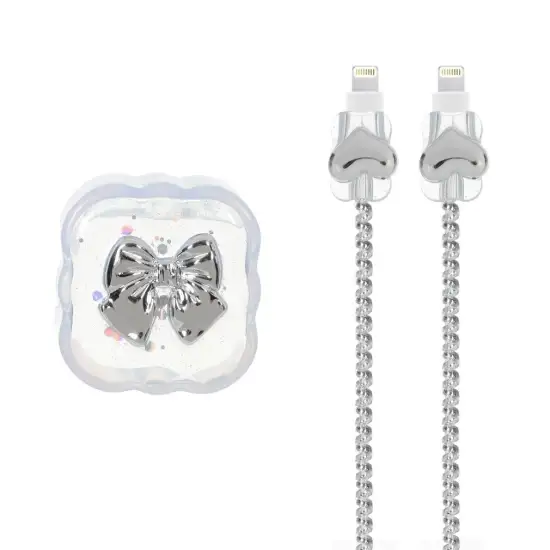 تصویر ست سیلیکونی عروسکی محافظ کابل و شارژر اپل 20 وات طرح قلب و پاپیون