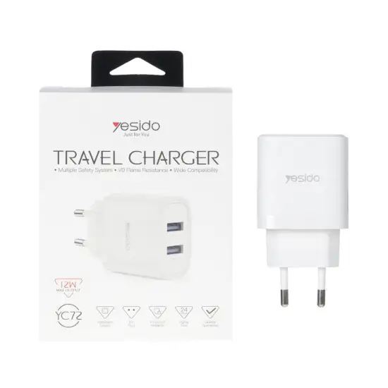 تصویر شارژر دیواری 12 وات فست شارژ دو پورت یسیدو مدل YC72