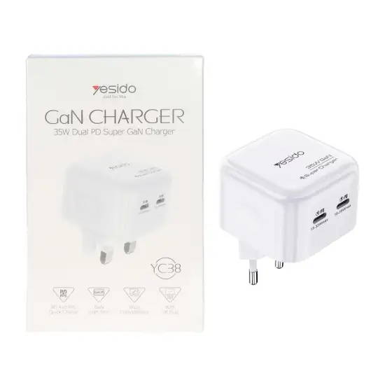 تصویر شارژر دیواری 35 وات سه پین فست شارژ دو پورت یسیدو مدل YC38