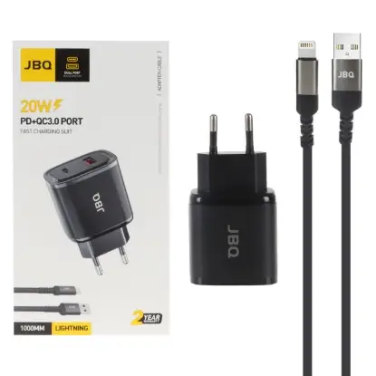 نمایش جزئیات شارژر دیواری 20 وات دو پورت جی بی کیو مدل HC-NP20 همراه کابل شارژ USB به لایتنینگ