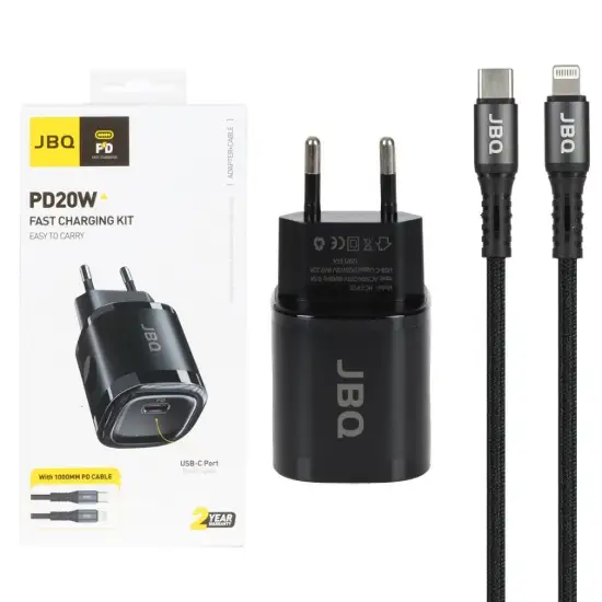 تصویر شارژر دیواری 20 وات دو پورت جی بی کیو مدل HC-DP20 همراه کابل شارژ USB-C به لایتنینگ