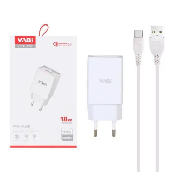 تصویر شارژر دیواری 18وات تک پورت وابی مدل H39B همراه کابل شارژ USB به USB-C