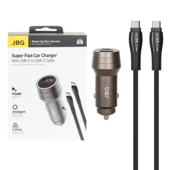 تصویر شارژر فندکی 48 وات دو پورت جی بی کیو مدل C279634 همراه کابل شارژ USB-C به USB-C