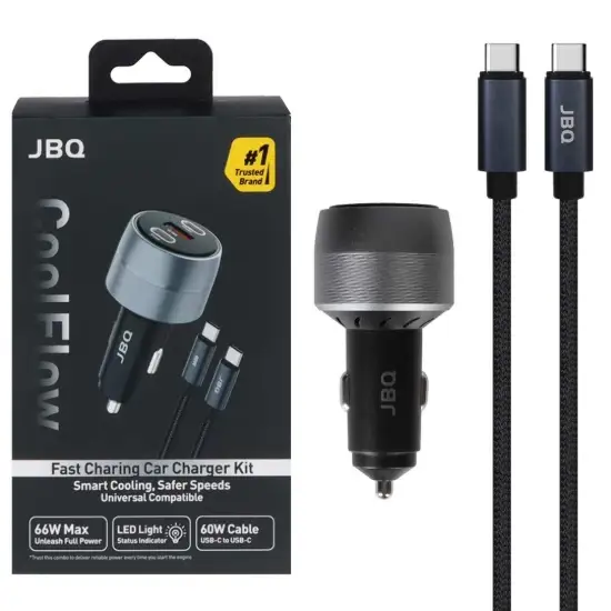 تصویر شارژر فندکی 66 وات سه پورت جی بی کیو مدل Cool Flow C82339A همراه کابل شارژ USB-C به USB-C
