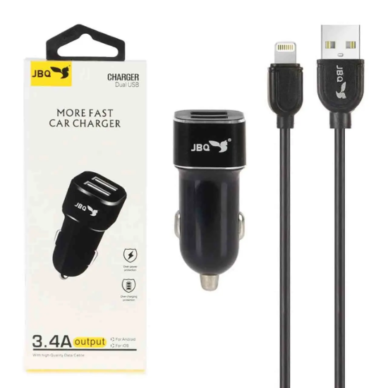 تصویر شارژر فندکی 18 وات دو پورت جی بی کیو مدل CN-45 همراه کابل شارژ لایتنینگ