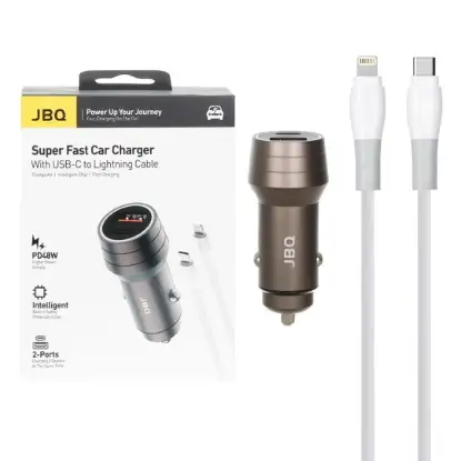 نمایش جزئیات شارژر فندکی 48 وات دو پورت جی بی کیو مدل C458534 همراه کابل شارژ USB-C به لایتنینگ
