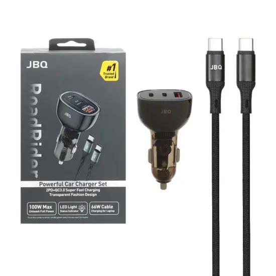 تصویر شارژر فندکی 100 وات سه پورت جی بی کیو مدل Road Rider C314942 همراه کابل شارژ USB-C به USB-C