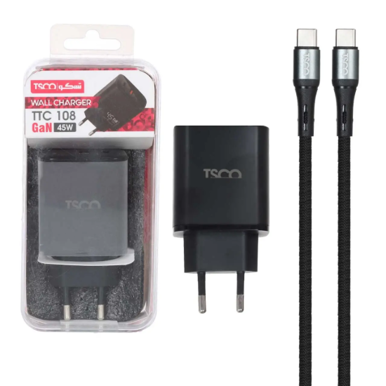تصویر شارژر دیواری 45 وات دو پورت تسکو مدل TTC 108 همراه کابل تبدیل  USB-C به USB-C