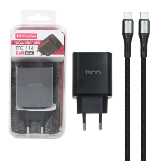 تصویر شارژر دیواری 67 وات دو پورت تسکو مدل  TTC 114 همراه کابل تبدیل  USB-C به USB-C