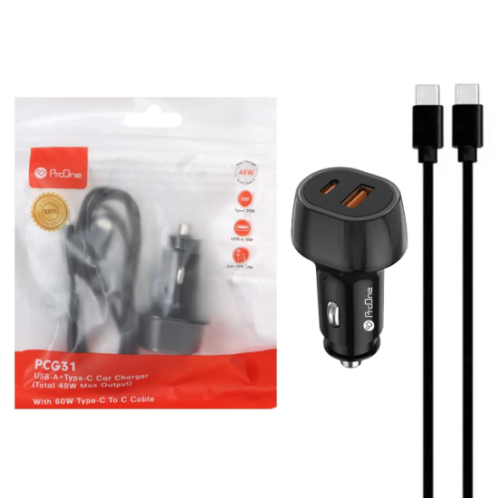 تصویر شارژر فندکی پرووان 48 وات دو پورت مدل PCG11 همراه کابل شارژ USB-C به USB-C