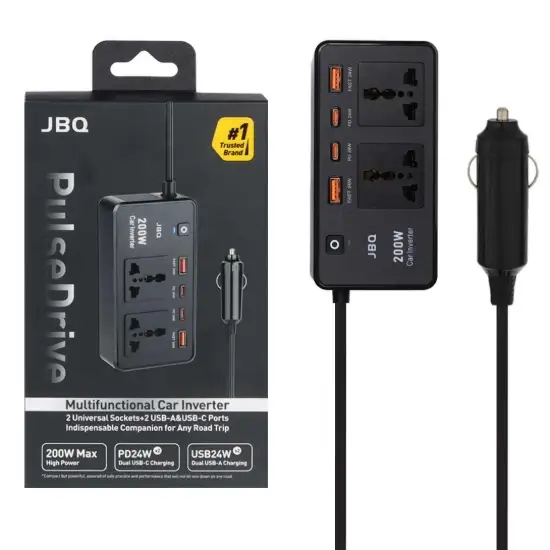 تصویر شارژر فندکی و اینورتر خودرو جی بی کیو  200 وات شش پورت مدل Pulse Drive M670852