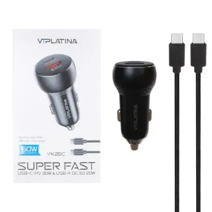 نمایش جزئیات شارژر فندکی 50 وات دو پورت وی آی پلاتینا مدل VK26C همراه کابل شارژ USB-C