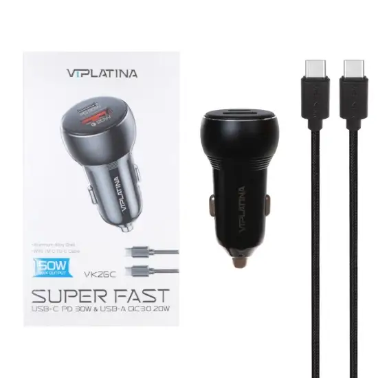 تصویر شارژر فندکی 50 وات دو پورت وی آی پلاتینا مدل VK26C همراه کابل شارژ USB-C