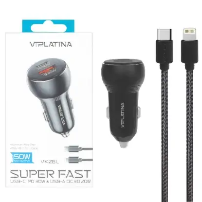 نمایش جزئیات شارژر فندکی 50 وات دو پورت وی آی پلاتینا مدل VK26L همراه کابل شارژ لایتنینگ