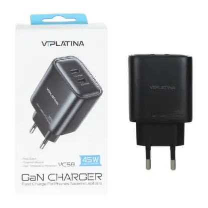 نمایش جزئیات شارژر دیواری 45 وات دو پورت وی آی پلاتینا مدل VC58