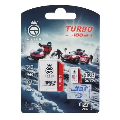 نمایش جزئیات کارت حافظه microSDHC کوئین تک مدل Turbo 667X  کلاس 10 استاندارد UHS-I U3 سرعت 100MB/s ظرفیت 128 گیگابایت به همراه کارتخوان