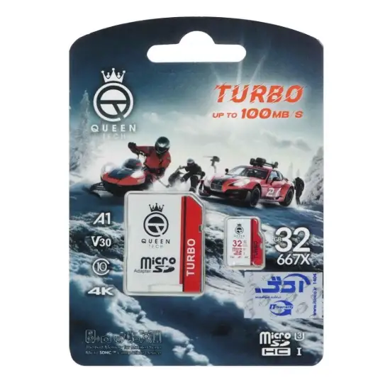 تصویر کارت حافظه microSDHC کوئین تک مدل Turbo 667X کلاس 10 استاندارد UHS-I U3 سرعت 100MB/s ظرفیت 32 گیگابایت به همراه کارتخوان