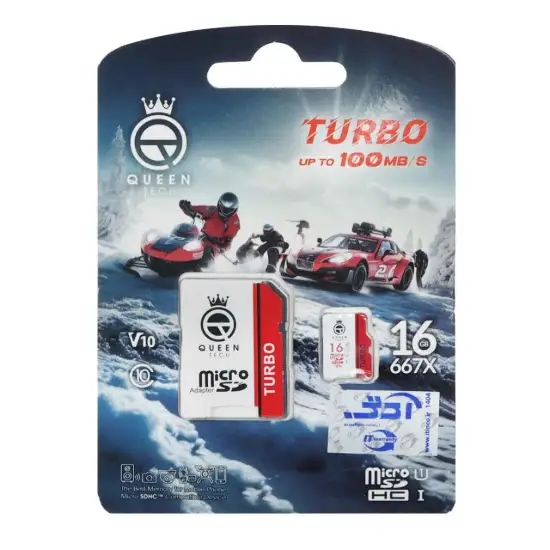 تصویر کارت حافظه microSDHC کوئین تک مدل Turbo 667X کلاس 10 استاندارد UHS-I U3 سرعت 100MB/s ظرفیت 16 گیگابایت به همراه کارتخوان