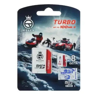 نمایش جزئیات کارت حافظه microSDHC کوئین تک مدل Turbo 667X کلاس 10 استاندارد U1 سرعت 100MB/s ظرفیت 8 گیگابایت به همراه کارتخوان