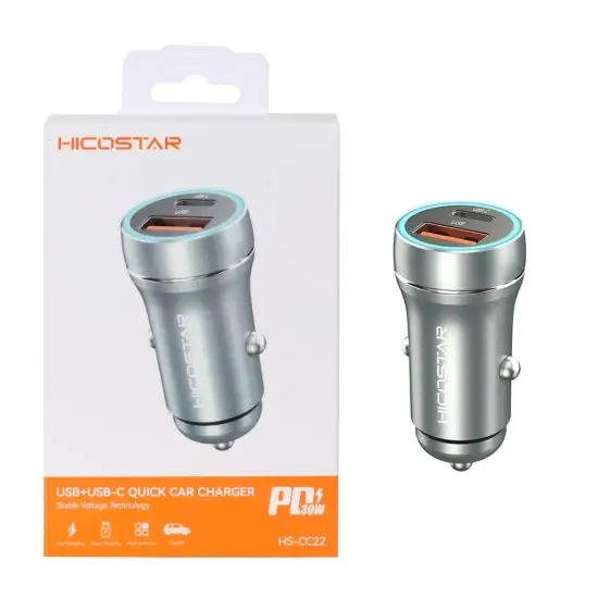 تصویر شارژر فندکی 30 وات دو پورت هایکواستار مدل HS-CC22