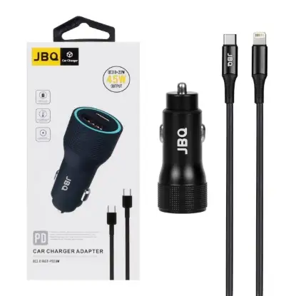 نمایش جزئیات شارژر فندکی 45 وات دو پورت جی بی کیو مدل CC-P8 همراه کابل شارژ لایتنینگ به USB-C