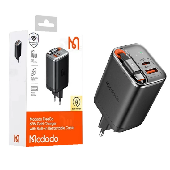 تصویر شارژر دیواری 67 وات دو پورت مک دودو مدل CH-410 همراه کابل متصل USB-C