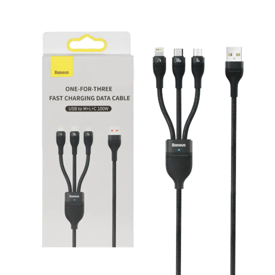 تصویر کابل تبدیل USB به لایتنینگ/MicroUSB / USB-C بیسوس مدل One For Three طول 1.2 متر