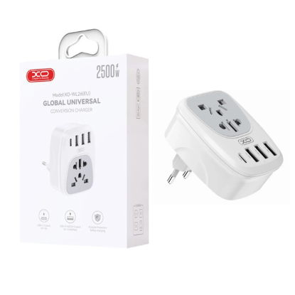 نمایش جزئیات شارژر دیواری 15وات چهار پورت و تبدیل برق ایکس او مدل XO-WL26(EU)