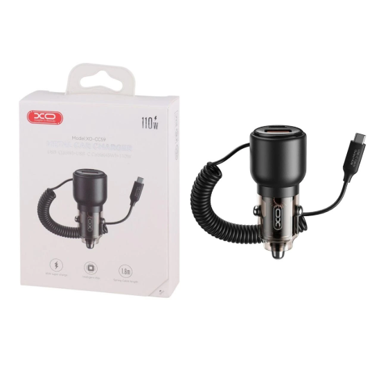 تصویر شارژر فندکی 110 وات دو پورت ایکس او مدل XO-CC59 همراه کابل شارژ USB-C