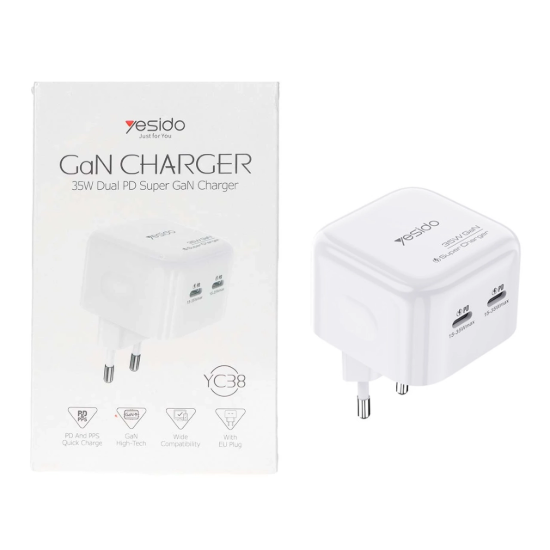 تصویر شارژر دیواری 35 وات دو پین دو پورت یسیدو مدل YC38