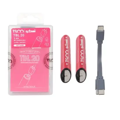 نمایش جزئیات باتری قلمی قابل شارژ تسکو مدل TBL 20 بسته ۲ عددی همراه کابل شارژ USB-C