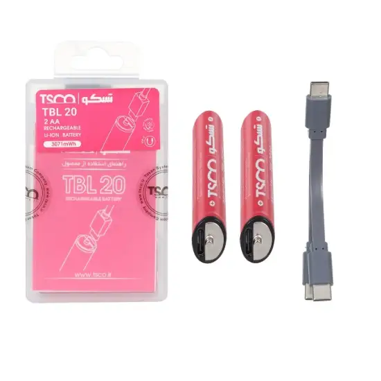 تصویر باتری قلمی قابل شارژ تسکو مدل TBL 20 بسته ۲ عددی همراه کابل شارژ USB-C