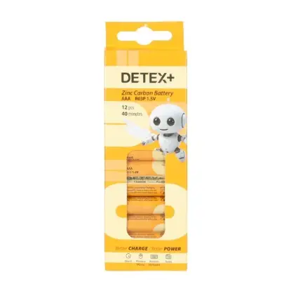 نمایش جزئیات باتری نیم قلمی دتکس پلاس مدل Zinc Carbon R03P بسته 12 عددی