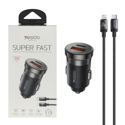 نمایش جزئیات شارژر فندکی 30 وات دو پورت یسیدو مدل Y73 همراه کابل USB-C به لایتینگ