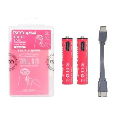 نمایش جزئیات باتری نیم قلمی قابل شارژ تسکو مدل TBL 10 بسته 2 عددی همراه کابل شارژ USB-C