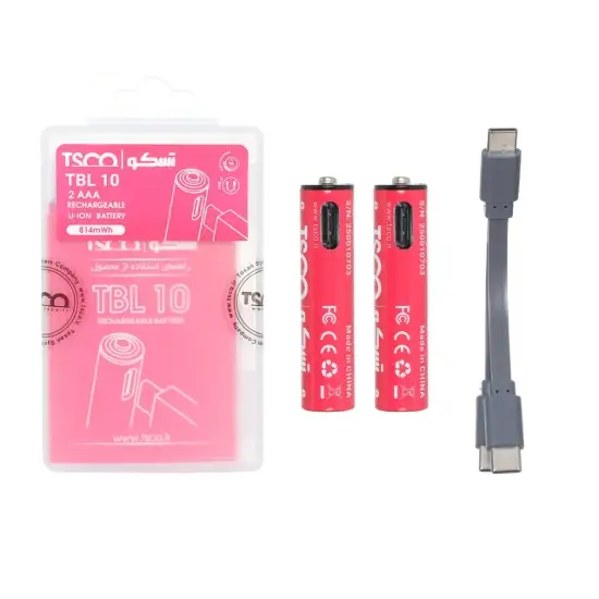 تصویر باتری نیم قلمی قابل شارژ تسکو مدل TBL 10 بسته 2 عددی همراه کابل شارژ USB-C