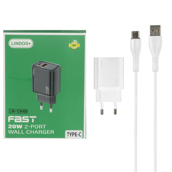 تصویر شارژر دیواری 20 وات دو پین دو پورت مدل LN-CH40 همراه کابل شارژ USB-C