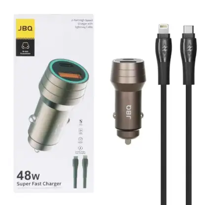 نمایش جزئیات شارژر فندکی 48 وات دو پورت جی بی کیو مدل CC-420Ci همراه کابل شارژ USB-C به لایتنینگ