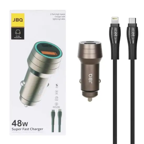 تصویر شارژر فندکی 48 وات دو پورت جی بی کیو مدل CC-420Ci همراه کابل شارژ USB-C به لایتنینگ