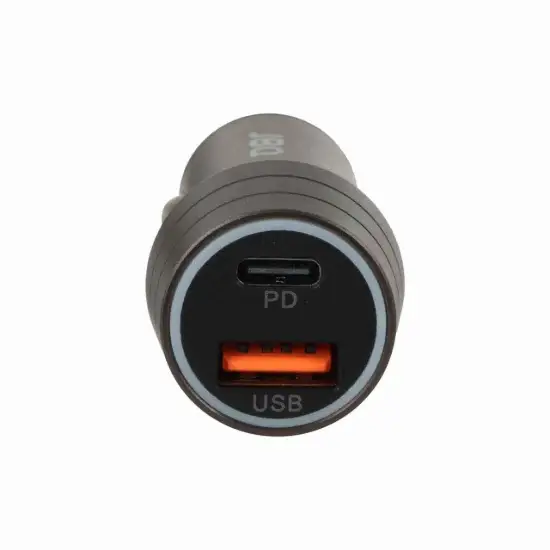 تصویر شارژر فندکی 48 وات دو پورت جی بی کیو مدل CC-420Ci همراه کابل شارژ USB-C به لایتنینگ