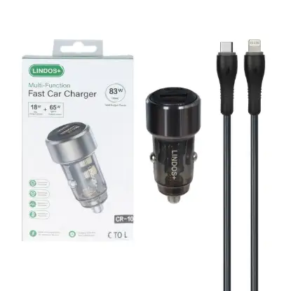 نمایش جزئیات شارژر فندکی 83 وات دو پرت مدل CR-10 به همراه کابل شارژ لایتنینگ به USB-C