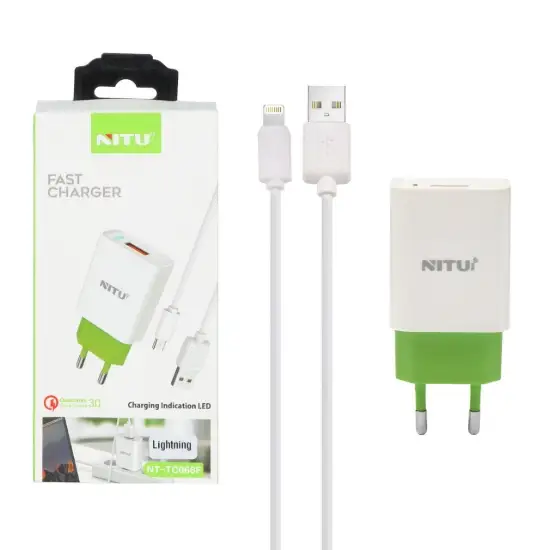 تصویر شارژر دیواری تک پورت مدل NT-TC066F همراه کابل شارژ لایتنینگ