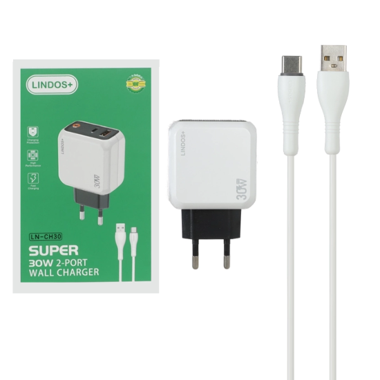 تصویر شارژر دیواری 30 وات دو پورت مدل LN-CH30 همراه کابل شارژ USB-C