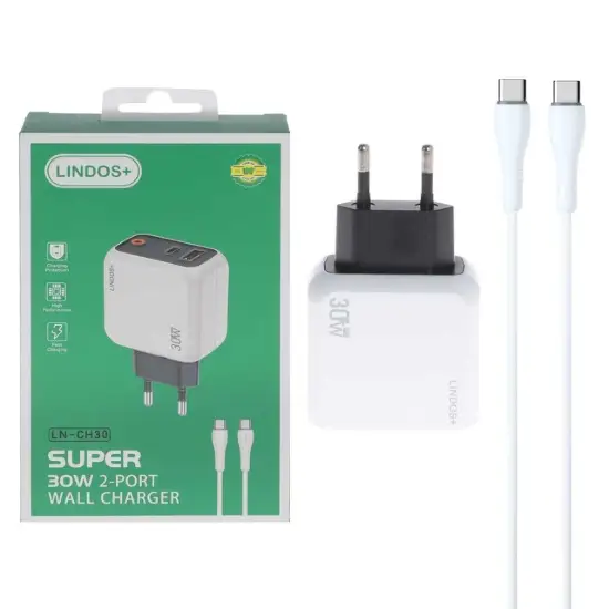 تصویر شارژر دیواری 30 وات دو پورت مدل LN-CH30 همراه کابل شارژ USB-C به SB-C