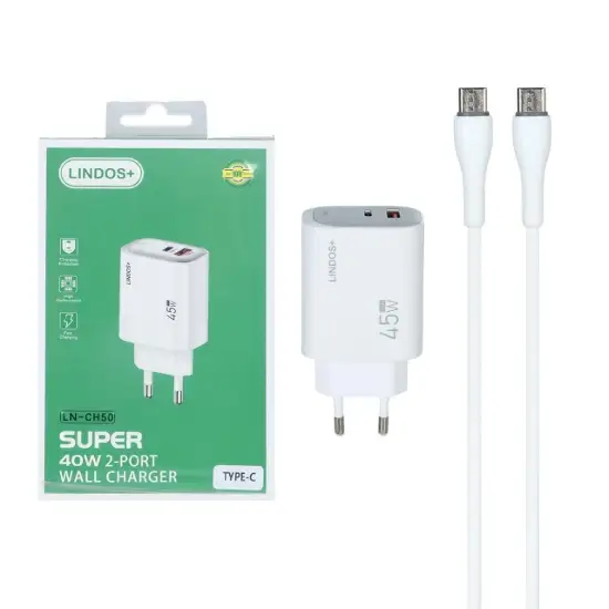 تصویر شارژر دیواری 40 وات دو پورت مدل LN-CH50 همراه کابل شارژ USB-C