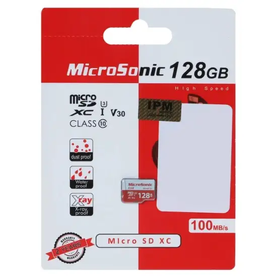 تصویر کارت حافظه microSDXC میکروسونیک مدل A1-V30 کلاس 10 استاندارد UHS-I U3 سرعت 100MBps ظرفیت 128 گیگابایت