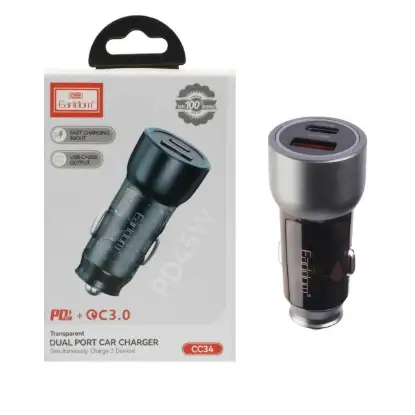 نمایش جزئیات شارژر فندکی 45 وات دو پورت ارلدام مدل CC34
