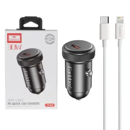 نمایش جزئیات شارژر فندکی 30 وات تک پورت ارلدام مدل CC40 به همراه کابل شارژ USB-C به لایتنینگ