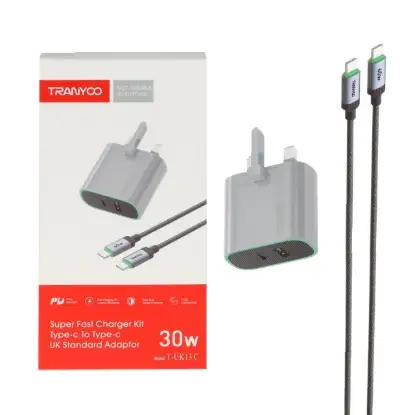 نمایش جزئیات شارژر دیواری 30 وات دو پورت سه پین ترانیو مدل T-UK7 C همراه کابل USB-C 