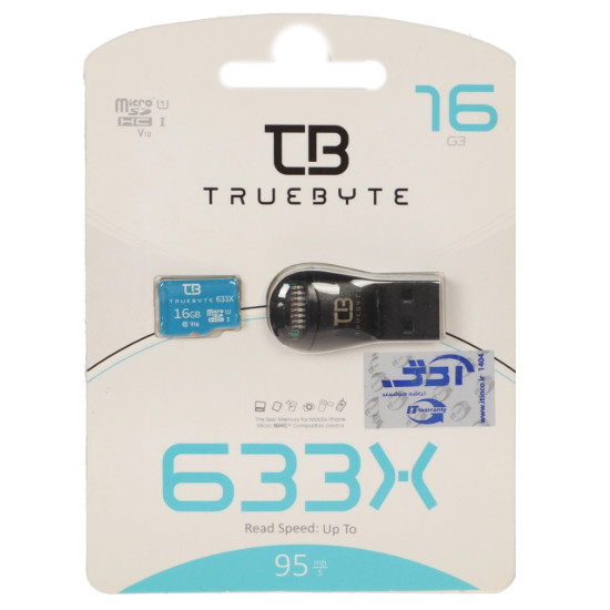 تصویر کارت حافظه microSDXC تروبایت مدل 633X کلاس 10 استاندارد U1 سرعت 95MB/s ظرفیت 16 گیگابایت همراه کارتخوان